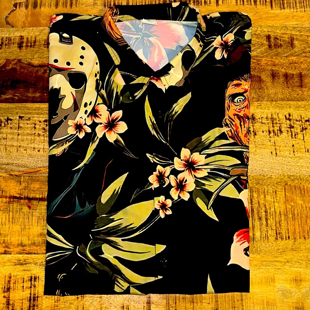 Halloween button up shirt Michael Myers, Jason, Freddy kruger Floral